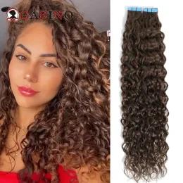 Fita de trama em extensões de cabelo onda de água cabelos humanos reais 2# marrom escuro fita cural natural no cabelo Ectensões de pele de pele 2g/pc