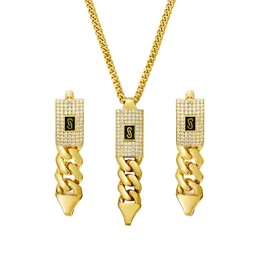 Hip Hop Edelstahl kubanische Kette Anhänger Ohrringe Schmuckset 14k Gold plattiert