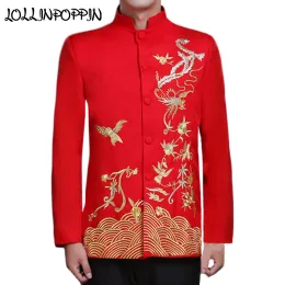 Jackets Chinese Traditional Phoenix Embroidery Mens Wedding Suit Jacket Mandarin Collar Propitious Clouds Men Red Bridegroom Jacket