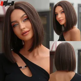 Peruker mörkbrun kort rak syntetiska peruker kvinnors bob peruk mittdel för cosplay dagliga fest hår naturligt snygg värmebeständig