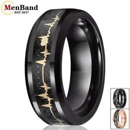 Yüzükler Manband Moda 8mm Tungsten Karbür Alyans Yüzük Siyah Karbon Fiber ve EKG kalp atışı kakma eğimli kenarlar cilalı konfor