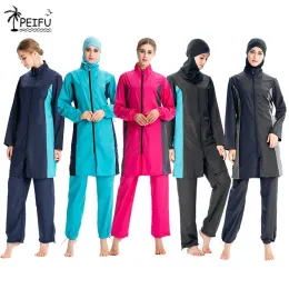 Costumi da bagno peifu colorblock donne musulmani pantaloni da bagno pantaloni costume da bagno con cappuccio Hijab treettes