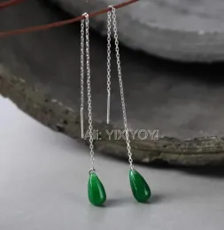 Earrings Beautiful 925 Silver Green Jade Dropping Beads Chain Dangle Lucky Ear Line Earring Girl's Charm Gift Earrings Fine Jewelry