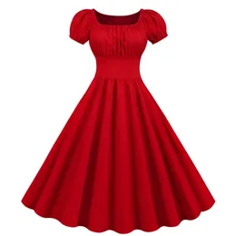 Красная квадратная шея летние дрес против Big Swing Vintage Dress Rope Femme Elegant Retro Pin Up Вечерние миди -платья 240422
