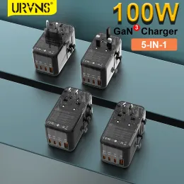 Ladegeräte URVNS 100W Internationales Wandladegerät PD Gan3 Universal Travel Adapter Allinone Power Plug US/EU/UK/AU für Laptop/Tablet/Telefon