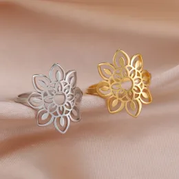 Bands EUEAVAN 1pc Mandala Lotus Flower Ring Women Large Filigree Stainless Steel Gold Color Finger Rings Wedding Jewelry Gifts