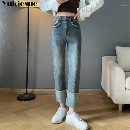 Kadınlar Kot Passipli Kadınlar Yüksek Bel Bol ayak bileği uzunluğu denim pantolonlar geniş bacak pantolon tasarım patchwork düz jean retro kontrast