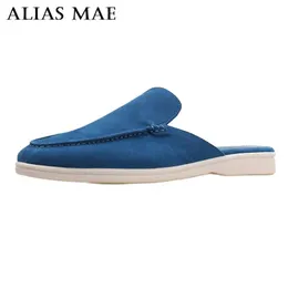 Alias ​​mae lp italiensk designer producerar sommar ny stil toffel casual skor hög kvalitet riktig läder toffel mulor mocka toffel platt halva sandaler för män