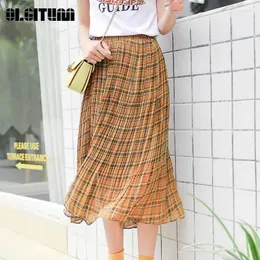 Skirts 2024 Summer Chiffon Skirt In The Long Paragraph Over Knee Plaid Sweet Fresh Pleated SK351