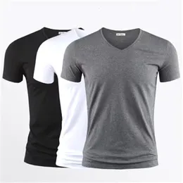 Herr t shirt ren färg v krage kortärmade toppar tees män tshirt svarta tights man tshirts fitness för manliga kläder 240410