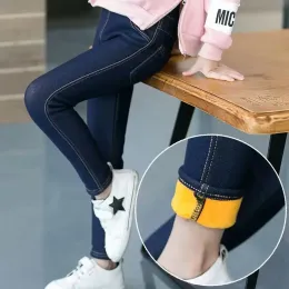 Leggings Girls Winter Cowboy Denim Long Pants Kids Thicken Warm Bootcuts Skinny Thick Leggings With Fleece Elastic Midjebyxor