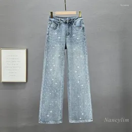 Frauen Jeans mit Weitbein 2024 Frühling Stoff hoher Taille Europäischer Stil Bohrung Diamant Lose Jeanshosen Blaue Hosen