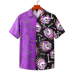 Men's Casual Shirts Koszula Purple Black Patchwork Vintage Shirt Summer Mens Hawaiian Short Sleeve Skull Printed Oversized Beach Man Hemd