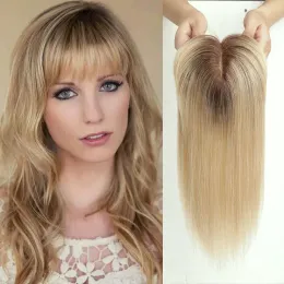 Zamknięcia Remy Human Hair Toppers Dark brązowy korzeń blond włosy klips w prostym ludzkim włosie kawałek dla kobiet jedwabna baza do włosów 10 cali