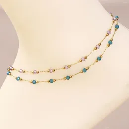 Anklets 304 الفولاذ المقاوم للصدأ طبقة مزدوجة الطبقات الطبيعية حجرة حبة سلسلة رابط للنساء أزياء القدم الصيفية معرض المجوهرات 25 سم 1pc