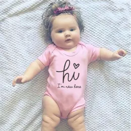 One-Pieces Hi I'm New Here Print Newborn Pink Baby Bodysuit Short Sleeve Body Baby Boy Cotton Baby Girl Rompers Outfits Clothes