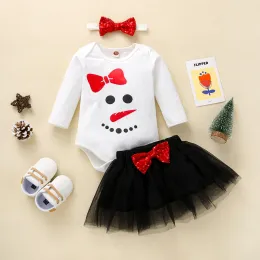 Set Christmas glitter Bow Born Baby Girl 3PCS Lounge Set per bambini a maniche lunghe Mesh Gonna in maglie Abbigliamento per bambini 3 6 18 12 mesi