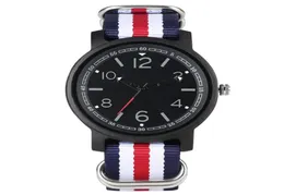 Новые натуральные деревянные часы Vogue Round Dial Nylon Braps Clock Retro Black Red Wake Watch Analog Quartz Birstear для мужчин подарок 3608590