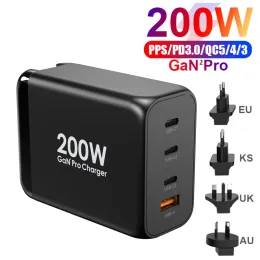 Chargers Gan 200W USB C Wall Charger 4port PD 100W 65W PPS45W QC Super -Fast -Lade -Adapter für MacBook Laptop iPhone 14 13 Samsung S21