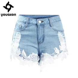 1996 Youaxon kvinnor mode sommarstil hög midja spets blommor rippade korta denimshorts för kvinna 240418