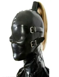 Sexy schwarze Latexhaube -Gummi -Maske mit Augen und Mundabdeckung Latex Maske Rückenwechsel Pulldhrough Ponytail Loch ohne Haare1114816