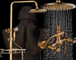 Antique Messing Badezimmer Retro -Niederschlagsschuhe -Wasserhahn mit Rohstoffschelf und Kleidermischer Tap Dual Griffe Wandmontaged7692464