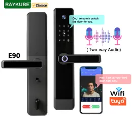 コントロールRaykube E90 Tuya Wifi Twoway Audioビデオインターコムフィンガープリントカメラスマートドアロックリモート解除ビデオ録音