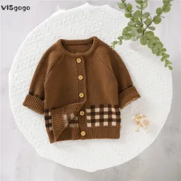 Sweaters visgogo kız bebek erkek örgü hırka ekose patchwork uzun kollu butondown knted hardigan süveteri için bebekler için 018 ay