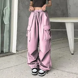 Womens Baggy Cargo Pants Streetwear Hip Hop Joggers Sweatpants Drawstring Casual Loose Solid Color Wide Leg Trousers 240412