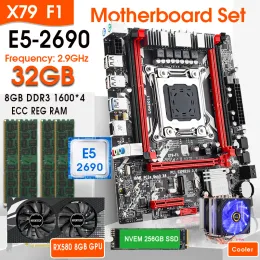 Moderbrädor X79F1 3.0 Moderkort Set E5 2690 CPU 4X 8GB = 32GB 1600MHz DDR3 ECC REC Kit RX580 8GB GPU och 256 GB NVME M.2 SSD Cooler