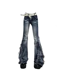 Jeans Americanos Retro Y2K Flare Scrathed Slim Bell Bottoms Mulher Moda Gyaru Denim Pant Raw Edge Troushers Hip Hop High Street 240409