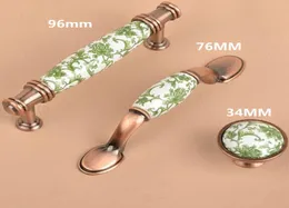 96mm Europe Style White and Green Porcelain Furniture Handle Red Bronze skåplådan Knob Antik Copper Dresser Handle6781635