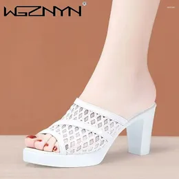 Slippers Breathable Mesh Leather Block High Heels Shoes 2024 Womens Thick Platform Slides For Office Model Peep Toe Sandals