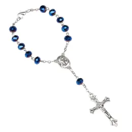 Strands QIGO Blue Crystal Rosary Bracelet Cross Women Catholic Jewelry Gifts