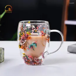 Muggar Houyup 1st Creative Double Layer Mug High Borosilicate Glass med True Flower Strap Put Coffee Milk Cup 300 ml Hushåll gåva