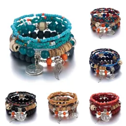 Strängar etniska bodhi rispärlor glas pärlor armband set för kvinnor färg boho flerskikt elastiska armbandbanglar smycken pulseira