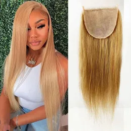 Topper Golden Blonde Seidenoberteil Spitzenverschluss gerade 5 "x5" Jungfrau European Human Hair Haut Seidenbasis Top mit Clips für Frauen #27