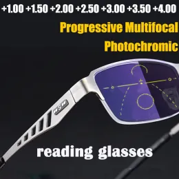 Frame Regolazione automatica Photochromic Multifocal Reading Glasses da uomo Progressive Antiblue Ray Business Spectacles Halfframe +4.0