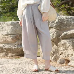 여성용 바지 Johnature Summer 2024 Cotton Linen Radish Loose Elastic Waist 약간 투명한 이중 고용량 라미 여성