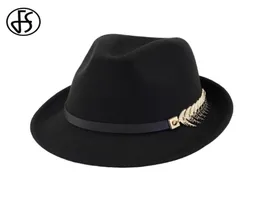 FS New Wool Felt 여성 남성 남성 Fedora Hat for Spring Autumn Elegant Lady Trilby Jazz Hats Panama Cap Black Curl Brim8949730