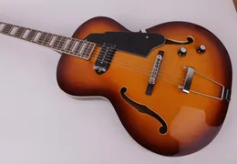 I lager tobaks solbrast jazz ihålig kropp elektrisk gitarr svart p90 pickup trapeze svansstycke dubbel f ​​hål palisander med stor block pärla inlag