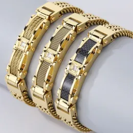 Stränge Edelstahlarmband für Männer 12 mm Breite Quadratische Französisch -Linkkette Herrenarmbänder mit CZ Magnetenverschluss vergoldetem Schmuck