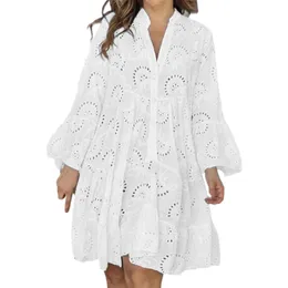 Plusowe rozmiar S-5xl puste sukienki dla kobiet Summer Elegancka solidna haftowana koronkowa sukienka luźna świąteczna plaża mini biała 240418