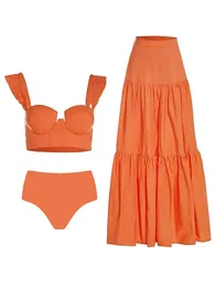 Sling Ruffle Beachwear per il nuoto da ragazza estate femmina Bikini a colori solidi e gonna da spiaggia per le vacanze sexy 240423