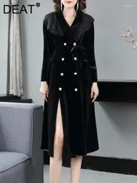 Casual Dresses Spring Velvet Dress For Women Elegant Lace Splicing Lapel Double Breasted Belt Split Slim Female 2024 15KB5877