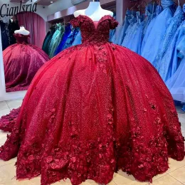 Glitzernde rote Schatz Quinceanera Dress Schulter Perlen Blumenapplikationen Vestidos de 15 Anos Ballkleid