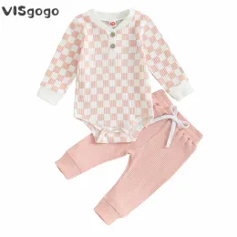 Zestawy Visgogo 024 Momieni Baby Boys Girls Fall Outfits Długie rękawie szachownica nadruk Bodysuit solidny kolor dresowy ubrania niemowlęta