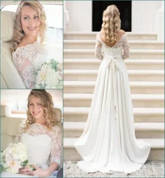 Ivory Lace Beach Country A Line Wedding Dresses 34 Long Sleeves Bateau Neck Applique Sexy Open Back Bridal Gowns Plus Size Bohema9641431