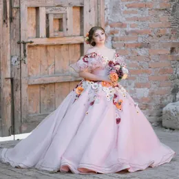 Сказочные розовые цветочные платья Quinceanera платья Принцесса от плеч 3D цветы.