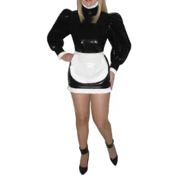 PVC in pelle Pvc Abito da donna bianco a collo alto Donna con manica a sbuffi lunghi mini abiti con costume da femminuccia sexy di grembiule 7xl